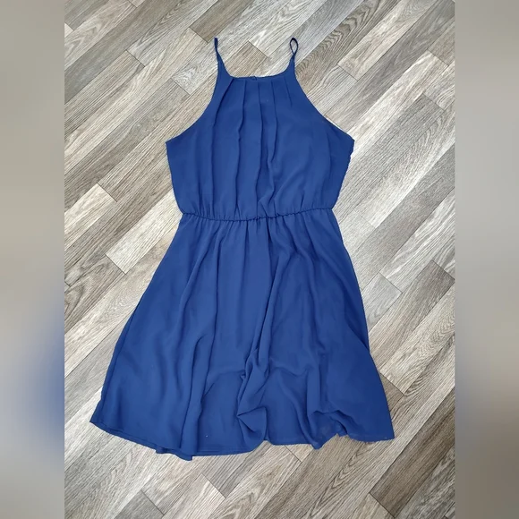 Blue Rain Dress Women Large Midi Knee Length Sleeveless Lined Navy Blue Flowy - Picture 3 of 6